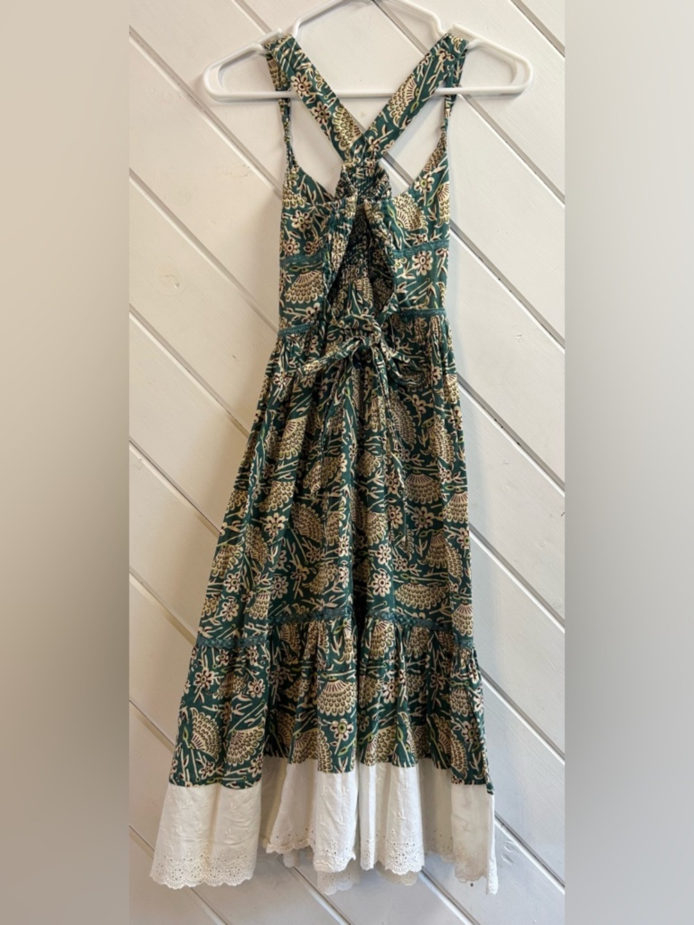 FREE PEOPLE Green Floral Halter Midi Cotton Dress with White Eyelet Trim - Picture 3 of 13